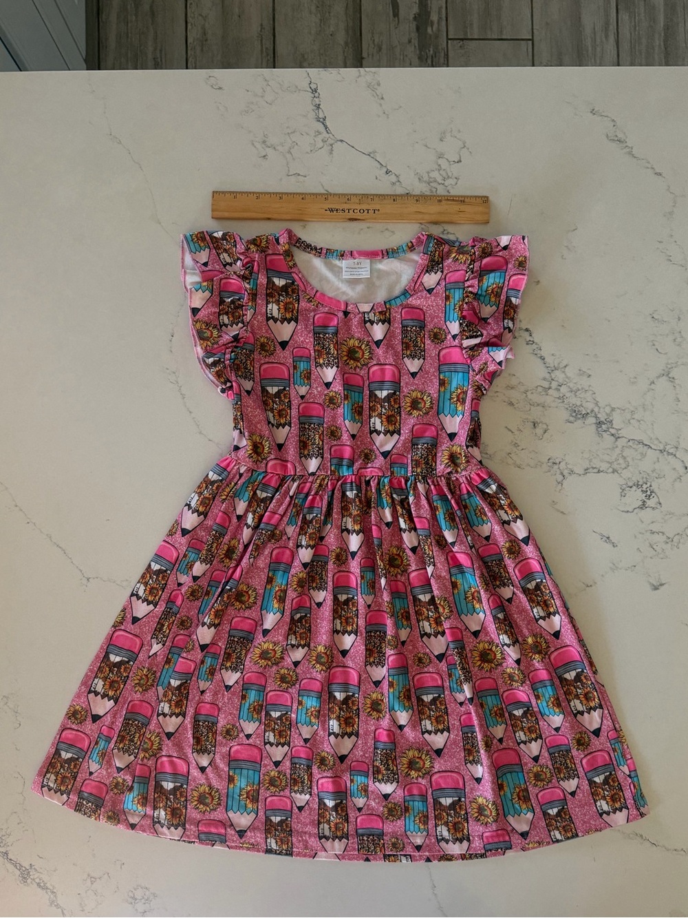 Girls Pink Pencil Print Twirl Dress Flutter Sleeve Boutique Dress Size 7-8Y